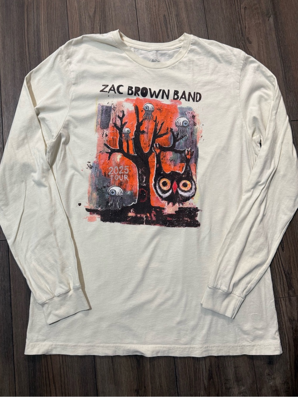 Zac Brown Band 2025 Tour Long Sleeve Band Tee Owl Graphic XL Cream Tee Shirt